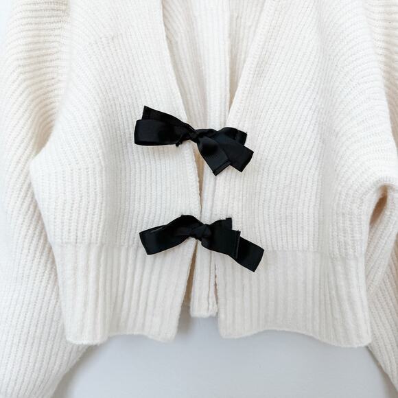 Anthropologie Rhea Bow-Front Crop Wool Blend Cardigan Sweater Ivory Size Medium - Picture 6 of 8